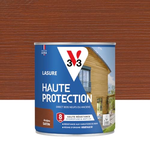 V33 Lasure Bois extérieur Acajou satin - Haute Protection 8 ans - Haute résistance hydrofuge et anti-UV - Résiste aux variations du bois - Ecolabel, résine...