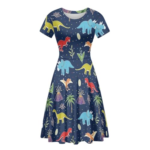 Image of POLERO Women Puffy Swing Elegant Party Midi Dresses Short Sleeve Round Neck A-Line Dress