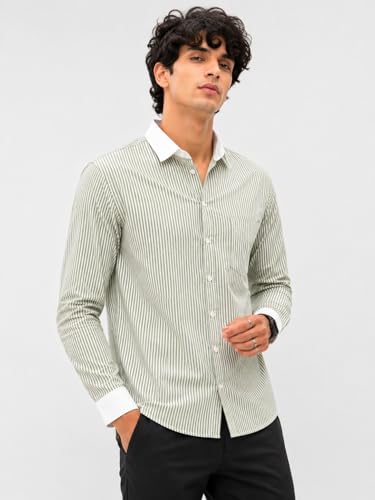 Image of Men's Striped Casual Shirt | White Collar & White Cuff Design | Full Sleeve Cotton Blend Shirt for Men | Slim Fit Stylish Casual Wear