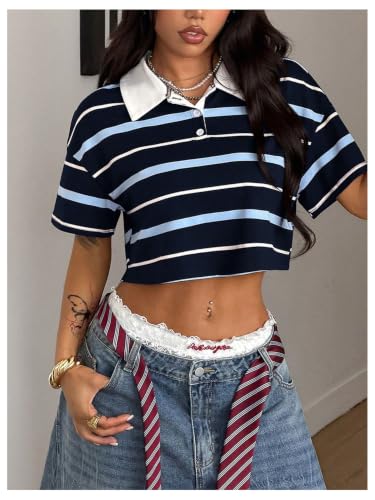 Image of RoseSeek Women's Preppy Striped Button Down Crop Tops Collar Neck T Shirt