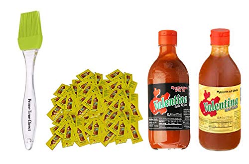 Valentina hot & extra hot sauce, black & yellow label 12.5 oz (pack of 2) and 50ct Single Serve Packets Bundle with PrimeTime Direct Silicone Basting Brush in a PTD Sealed Bag