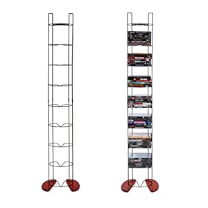 Atlantic wire frame media tower 93 dvd storage rack wide stable base pn 72212041 in black metal and cherry wood  urban country home decor