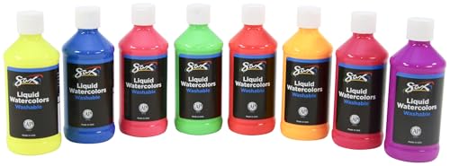 Sax Liquid Washable Watercolor Paint for School and Arts and Crafts Use, Assorted Fluorescent Colors, 8 Ounce Bottles, Set of 8