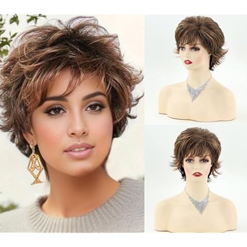 TISHINING Brown Short Curly Wigs for White Women Dark Brown Mixed Blonde Pixie Cut Synthetic Wig with Bangs Shag Layered Short Hair Wigs for Daily Party Use Cover