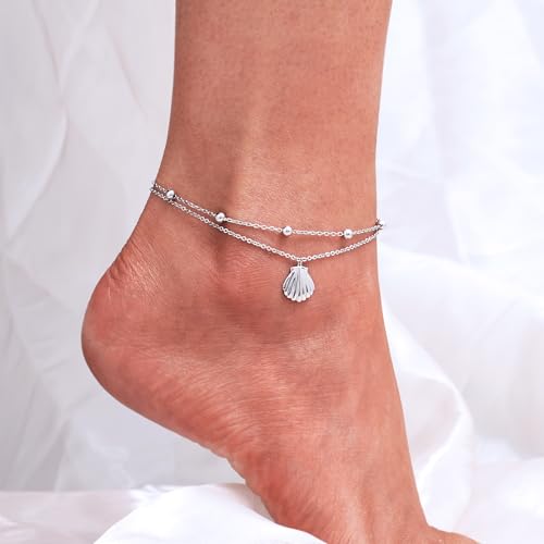 Image of CHIC & ARTSY 925 Sterling Silver Ankle Bracelets for Women, Adjustable Layered Foot Chains with Nature & Symbol Charms, Lightweight Comfort Fit Boho Beach Everyday Jewelry