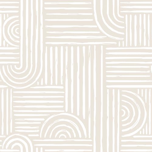 VEELIKE Papier Peint Géométrique Beige Rétro Neutre Papier Peint Geometrique Bohème Milieu du Siècle Papiers Peints Decoratifs Chambre Salle de Bain Adhesif pour Meuble Amovible 44,5 cm × 300 cm