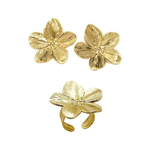 1 Paire De Boucles D'Oreilles Fleurs Et 1 Bague Fleur, Bijoux Vintage, Élégantes, Bague Ouverte, Fantaisie Pour Femme
