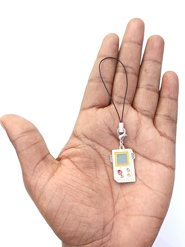 Image of Retro Gaming Console Phone Charm, Mini Handheld Design, Yellow and White