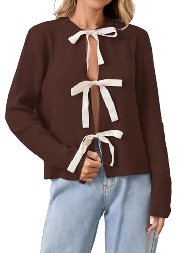 Image of calbatic Women Long Sleeve Bow Tie Front Cardigan Sweater Open Front Knit Pullover Tops Casual 2024 Fall Winter Brown