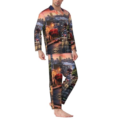 KIROJA San Francisco Print Pajamas Set For Men/Women,Casual Loose Homewear Set V-Neck Long Sleeve Shirt Pj Pants3