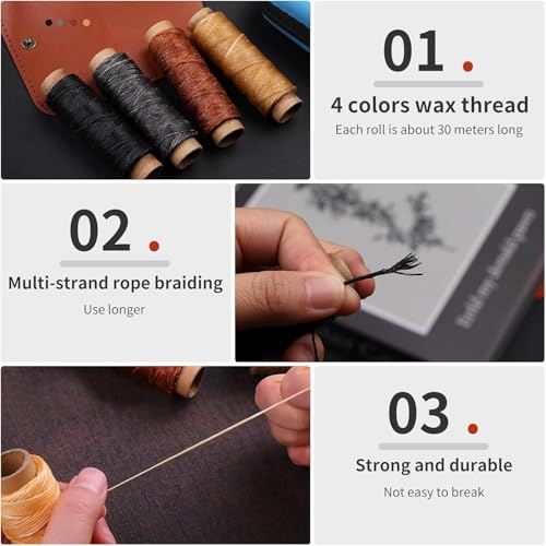Image of Leather Sewing Kit, Leather Stitching Kit with Sewing Awl, Needles, Waxed Thread, Upholstery Repair Kit, Heavy Duty Sewing Tools for Hand Stitching Car Seats, Sofa, Carpets, Shoes, DIY Craft