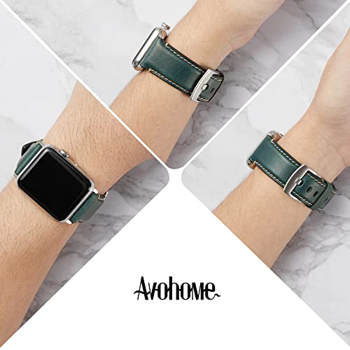 Avohome Genuine Leather Watch Strap Compatible with Apple Watch Band (38/40/41mm, Malachite Blue-Sliver Buckle) - Image 3