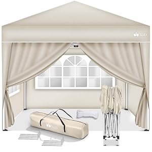tillvex Paviljoen, 3 x 3 m, waterdicht, pop-upvouwtent, in hoogte verstelbaar, tuintent, uv-bescherming 50+, partytent met tas (beige, met 4 zijpanelen)