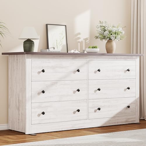 Image of 59 inch Wide Wood TV Stand with 6 Drawers & Metal Handles, Modern Media Console Storage Cabinet for Living Room, Bedroom, Entryway & Home Office, White