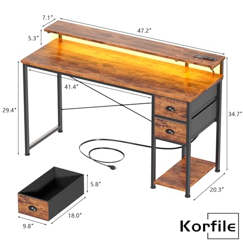 Korfile 55 Inch Computer Desk with Power Outlets & LED Lights, Home Office Desk with Storage Drawers and Monitor Stand, Writing Work Study Desk for Bedroom Living Room - Thumbnail 3