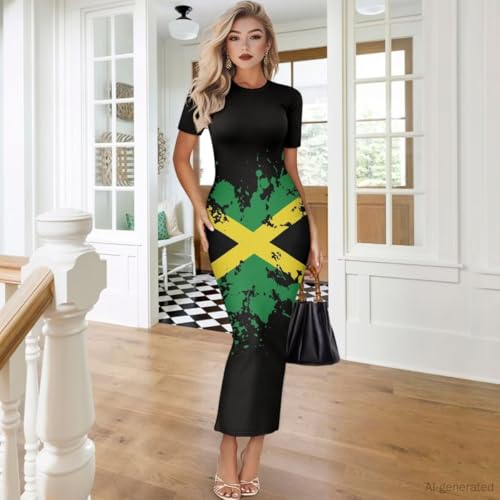Image of Womens Short Sleeve Jamaican Flag Midi Bodycon Dress | Soft stretchy fabric,crew neck,jamaican print casual date night cocktail party, elegant chic, spring summer fall all season