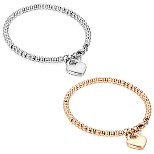 Flongo Partnerarmbänder Freundschaftsarmband, 2 Stück Edelstahl Armband Armreifen Armkette BFF Ketten Silber Rose Gold Kugel Kette Perle Perlen Herz Herzen Schloß Sperren Valentien Herren,Damen Set