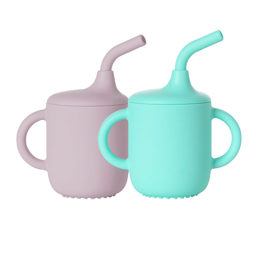 Sponsored Ad – Silicone Sippy Cup, 2 Pack Sippy Cups with Handles Training for Baby 6 months+ Soft with Straw Spill Proof Cups Toddlers Handles and Spout Lid Easy Grip 5oz