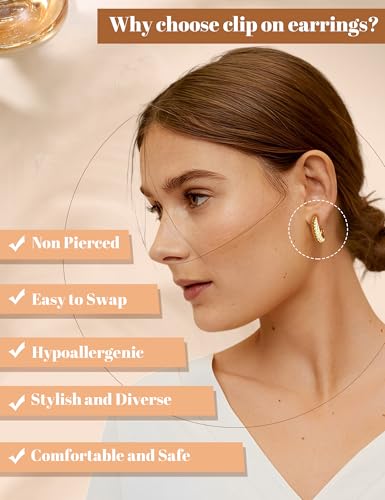 BESTEEL 3Pairs Clip on Earrings for Women Trendy Hypoallergenic 14K Gold Plated Chunky Tube Croissant Waterdrop Clip-on Hoop Earrings Set Fake Jewelry Non Pierced Ears2