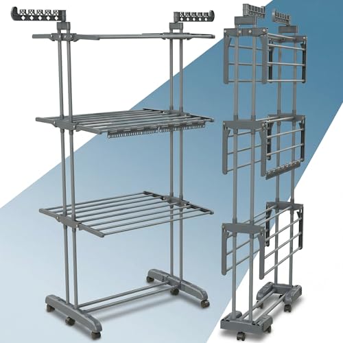 PORTENTUM Etendoir Linge Interieur et Exterieur Pliable avec 4 Niveaux et 24 Barres de séchage – Jusqu’à 40 kg – Seche Linge avec 2 Accessoires pour...