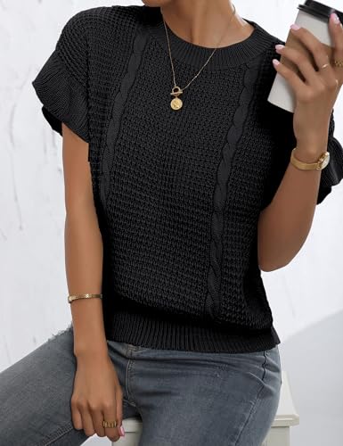 Image of Womens Short Sleeve Sweaters Ruffle Crewneck Pullover Sweater 2025 Casual Lightweight Summer Tops