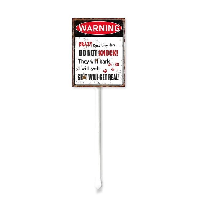 Crazy Dogs Live Here Do Not Knock Warning Yard Sign With Stakes 8 x 12 inch，Aluminum Sign for Home Farm Decor Outdoor Street Warning Sign