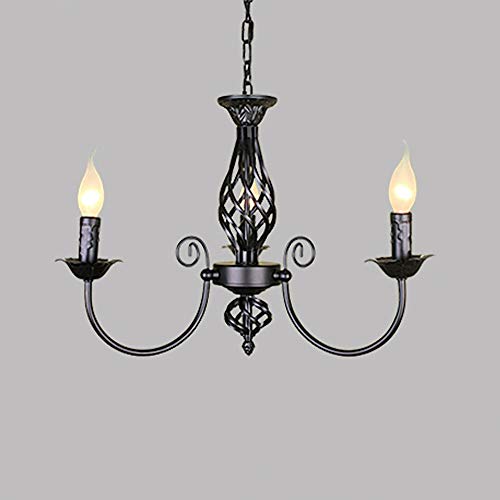 Pendentif Lampe Rétro Lustre Abat-Jour Restaurant Classique Bougie Lustre En Pendentif Réglable En Hauteur E14 Lampe Suspendue En Fer Forgé, Salon De Style De Campagne Simple Lampes Pendentif, Noir Cover