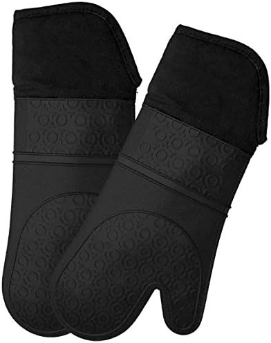 StarCooks Silicone Oven Gloves/Mitts, Heat Resistant with Soft cotton Lining, Extra Long Protection, Waterproof, Non-slip, perfect for Grilling, Cooking, Baking in the Kitchen (Black, 1 pair)