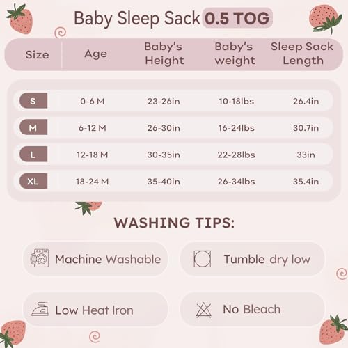 Image of Baby Sleep Sack 18-24 Months 0.5 Tog Wearable Blanket Baby, 3 Pack 100% Cotton Lightweight Sleeping Sack with 2-Way Zipper for Infant Toddler Strawberry
