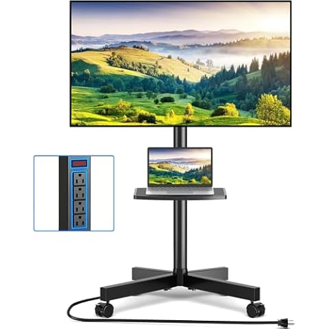 Rfiver Mobile TV Cart with Power Outlet, Rolling TV Stand for 23-60 Inch LCD LED OLED Flat Panel Curved Screen TVs up to 88 lbs, Height Adjustable Portable TV Stand with Wheels, Max VESA 400x400mm Cover