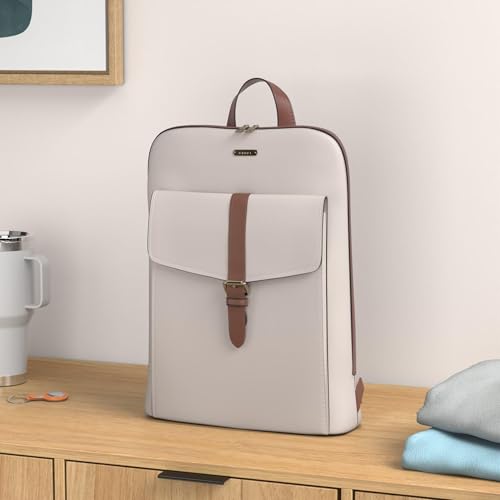 Image of CLUCI Leather Laptop Backpack for Women 15.6 inch Computer Backpack Stylish Travel Backpack Purse for Women Work Daypack Bag Off-white with brown