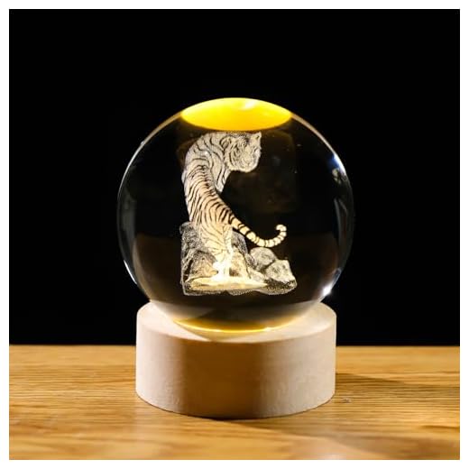 Arikyrist 3D Crystal Tiger Figurines with Wooden Light Base, Tiger Crystal Ball Figurines Collection Gifts for Tiger Lovers, Crystal Ball Night Light Home Decor