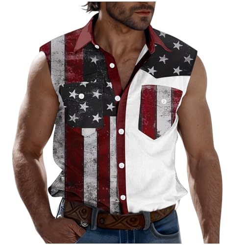 Independence Day Vests for Mens 4th of July High Neck USA Flag Sleeveless Star Striped Cami Tank Top Cardigan Thin Vest
