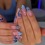 OHWODA 3D Blue Ocean Press on Nails Medium Almond Fake Nails with Shell Pearl Fish Designs French False Nail Tips Glossy Glue on Nails Full Cover Stick on Nails for Women Manicure Decorations 24Pcs