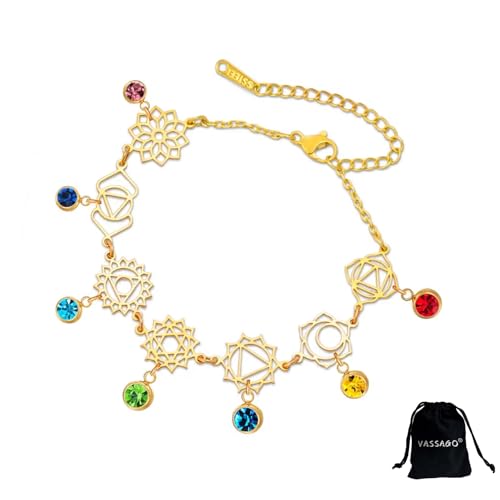 VASSAGO Pulsera de chakras para mujer de acero inoxidable con 7 colgantes de...