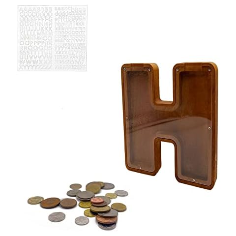 MEDOYOH Letter "H" Money Box, A - Z Letters 23CM/9IN Wooden Alphabet Piggy Bank Coin Bank Coin Storage Tank Money Bank with Alphabet Stickers for Adults Kids Cover