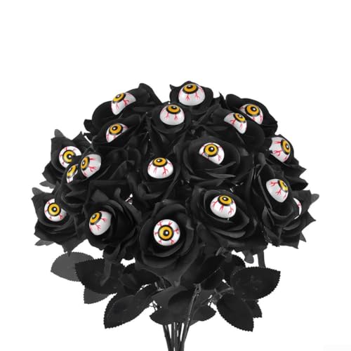Ramo de rosas sintéticas de Halloween con globos oculares, flores artificiales, decoración del hogar, fiesta gótica, 15 piezas (rosa negra)