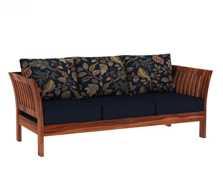 Image of Solid Sheesham Wood 3 Seater Sofa Set with Cushion | Wooden Three Seater Sofa for Home Bedroom Living Room Hall and Office (Honey Finish)