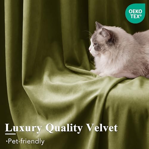 Image of Olive Green Velvet Luxury Drapes for Living Room, W52 x L100, 2 Pcs | Christmas Holiday Decor, 300GSM Heavy Soft Velvet, UV Protection, Heat Insulated, Privacy, Back Tab for Bedroom, Living Room