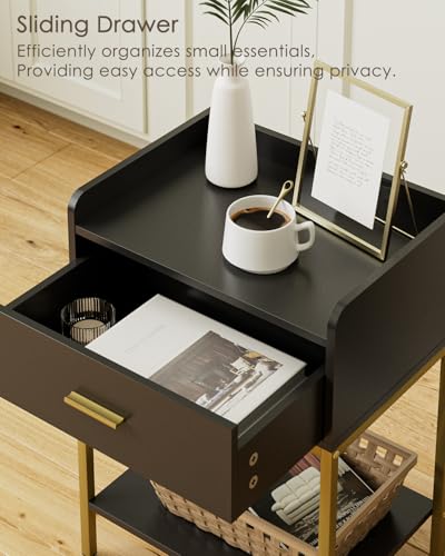 Image of Masupu Nightstand,Bedside Table 3-Tier Modern Night Stand with Storage Drawer and Shelf,Small End Side Table for Bedroom,Living Room,Black (Without Outlet, Black)