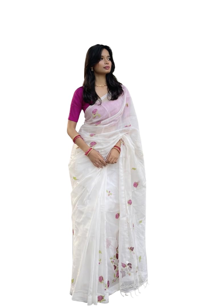 Off White Embroidered Linen Saree with Floral Motifs & Tassel Pallu | Soft Lightweight Festive, Party & Casual Saree with Unstitched Blouse Piece-image-46