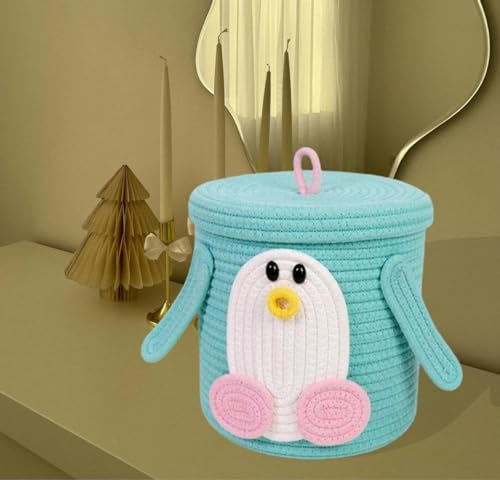 Image of Aroma Brand Kids Lid Basket with Beautiful Characters - Rope Storage Basket for Baby Diaper, Stuffed Animal Storage Bin Rope Basket for Kids Toy, Baby Laundry Baskets with Lid (Sea Green Penguin)