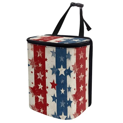 Image of Talayituse American Flag Star Print Car Trash Can Portable Auto Garbage Bin Multifunctional Vehicle Interior Accessories with Adjustable Straps 4th of July Decor Universal Fit Truck SUV Sedan
