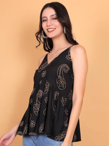 Image of FIMS - Fashion is my style Rayon Short Kurti for Women, Ethnic Printed, Black Sleeveless Kurtis, Summer Wear, Ideal Gift for Girls