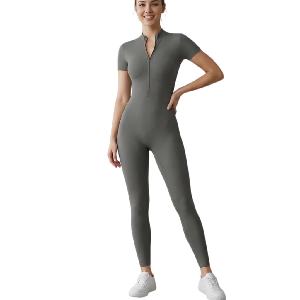 Traje de Yoga de Manga Corta para Mujer, Mono, Body Deportivo para Fitness al Aire Libre, Ropa de Entrenamiento-Gris-SG