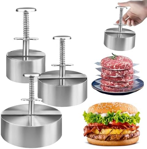 3 Pack Burger Press, Stainless Steel Adjustable Hamburger Patty Maker Meat Press Non-Stick Stuffed Patty Making Molds for Beef, Vegetables, Burgers, Cooking (Silver, 3 Size)