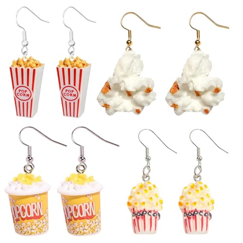 RAOPNHS 4 Paar Popcorn Ohrringe, Lustige Ohrringe im Miniatur Snack Design, Kreative Ohrhänger für Damen, Mädchen, Party, Kinoabend, Karneval, Geschenkidee, Lustige Accessoires