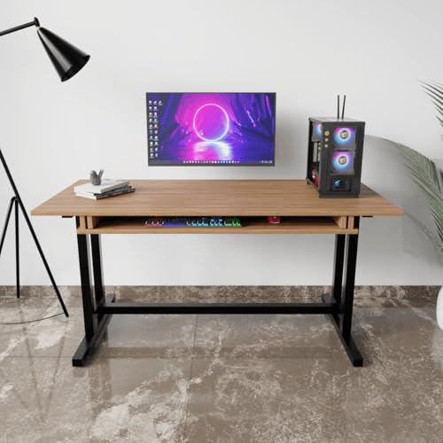 Image of Riyan Luxiwood Zinnia Computer Table with Keyboard Tray, Matt Finish Wood Top with Metal Legs, Study Table, Gaming Table, Multipurpose All-in-one Table (Beige)