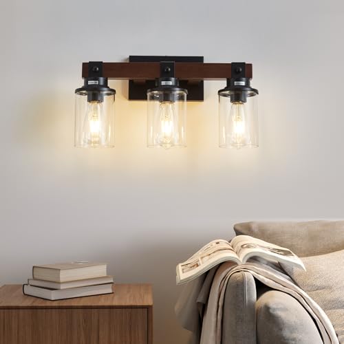 Image of Farmhouse Wood Vanity Light for Bathroom, 3-Light Bathroom Light Fixtures Over Mirror, Rustic Wall Sconces Lighting with Metal Lampshade for Bathroom, Bedroom, Hallway