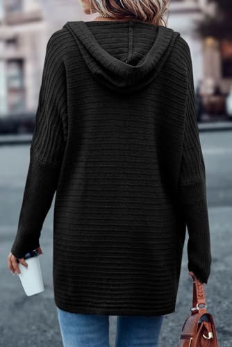 Women's Stylish Black Horizontal Rib Knitted Open Front Hooded Cardigan3